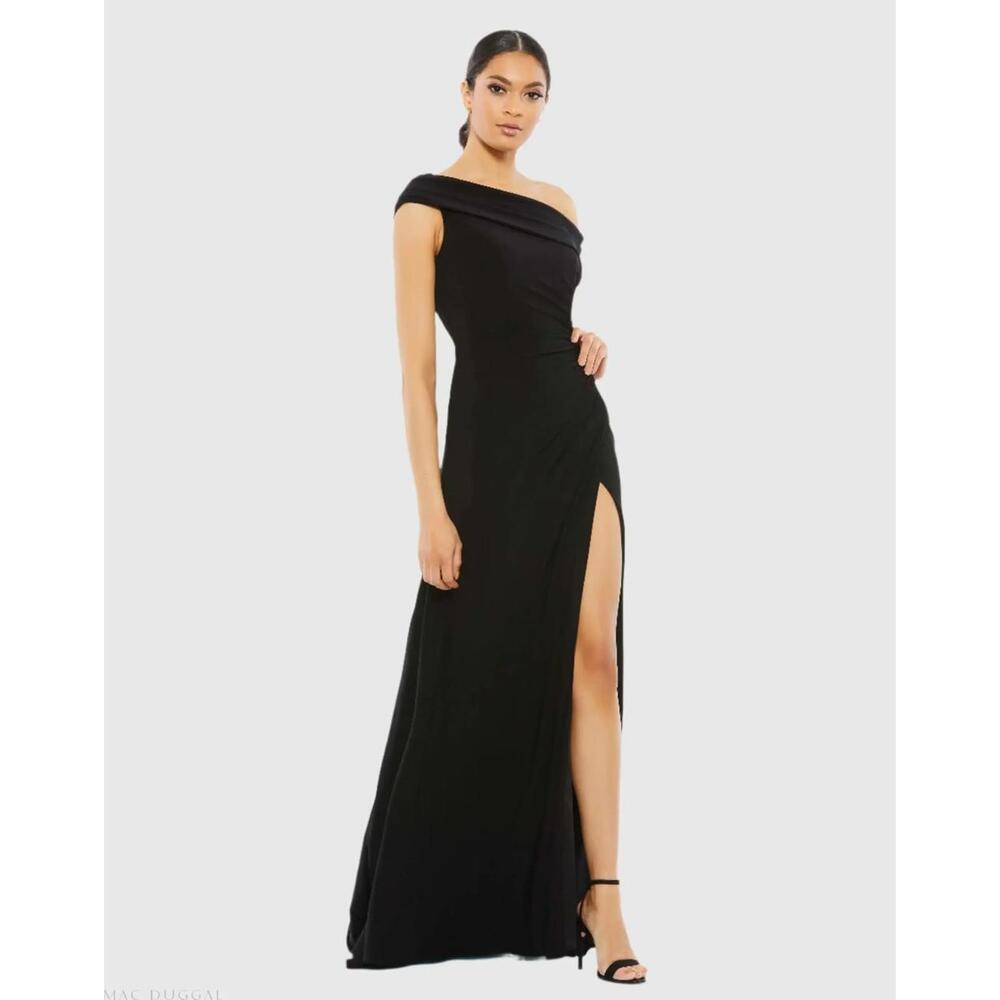 Ieena x Mac Duggal - Navy Blue One-Shoulder Evening Gown with High Slit, Size 2